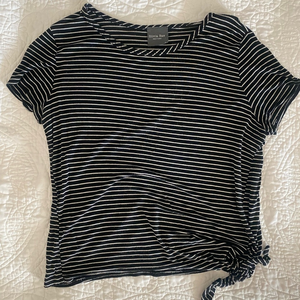 Olivia Rae New York black and white striped tee with side tie/knot, size M